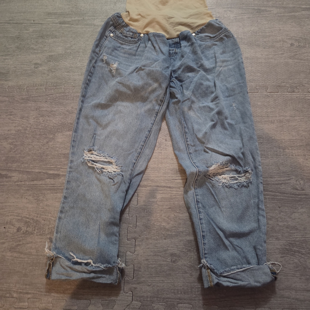 Haute Mama Womens Maternity Stylish Distressed Blue Cropped Jeans EUC XL